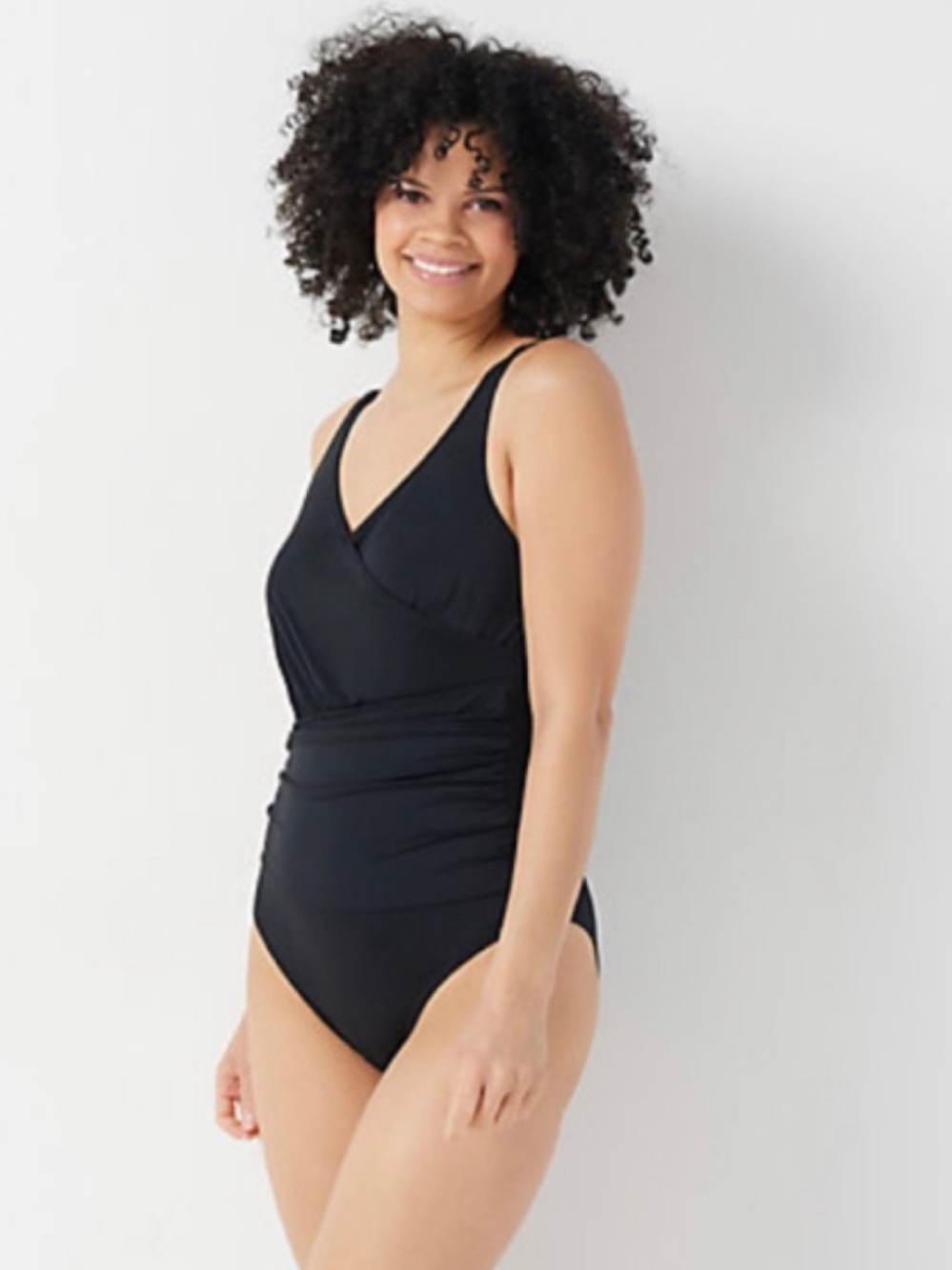 D&CO Beach One Piece black swimsuit V Neck adjustable strap 24W plus size ruched